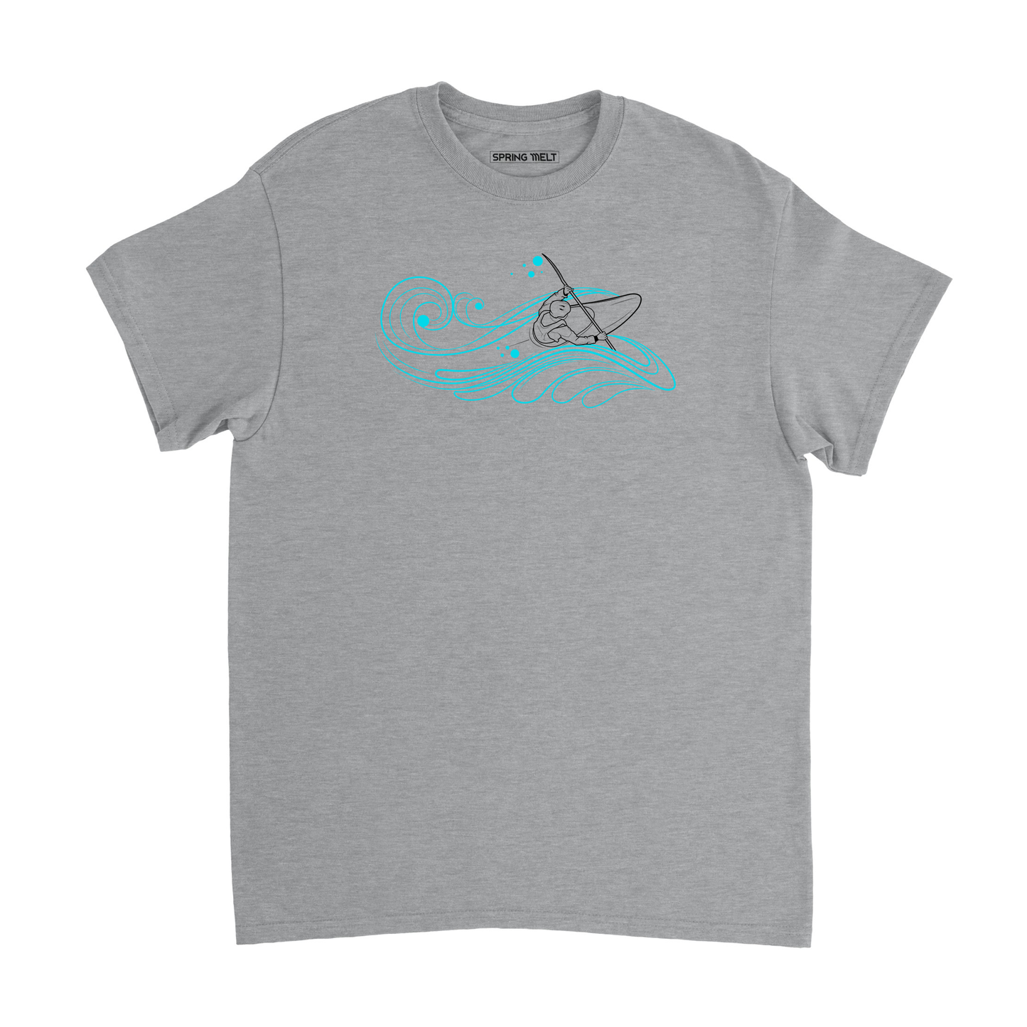 Blue wave backdrop with a kayaker in action, outlined in black, on a stylish grey t-shirt - premium graphic apparel for passionate white water enthusiasts by Spring Melt.