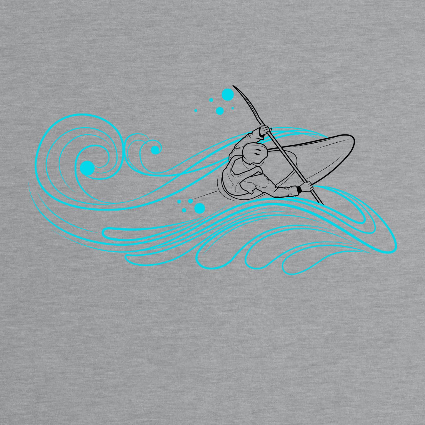 Blue wave backdrop with a kayaker in action, outlined in black, on a stylish grey t-shirt - premium graphic apparel for passionate white water enthusiasts by Spring Melt. Close up