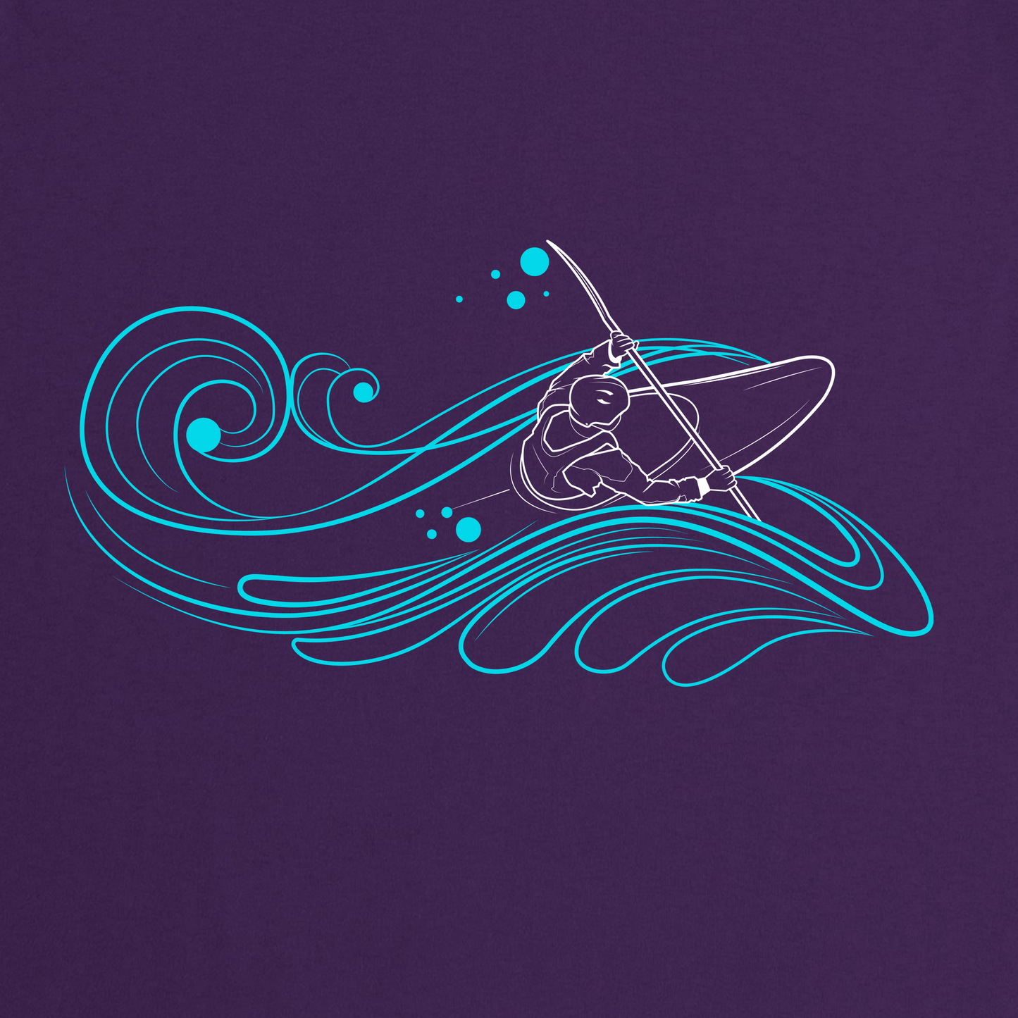 Blue wave backdrop with a kayaker in action, outlined in white, on a stylish purple t-shirt - premium graphic apparel for passionate white water enthusiasts by Spring Melt. Close up.
