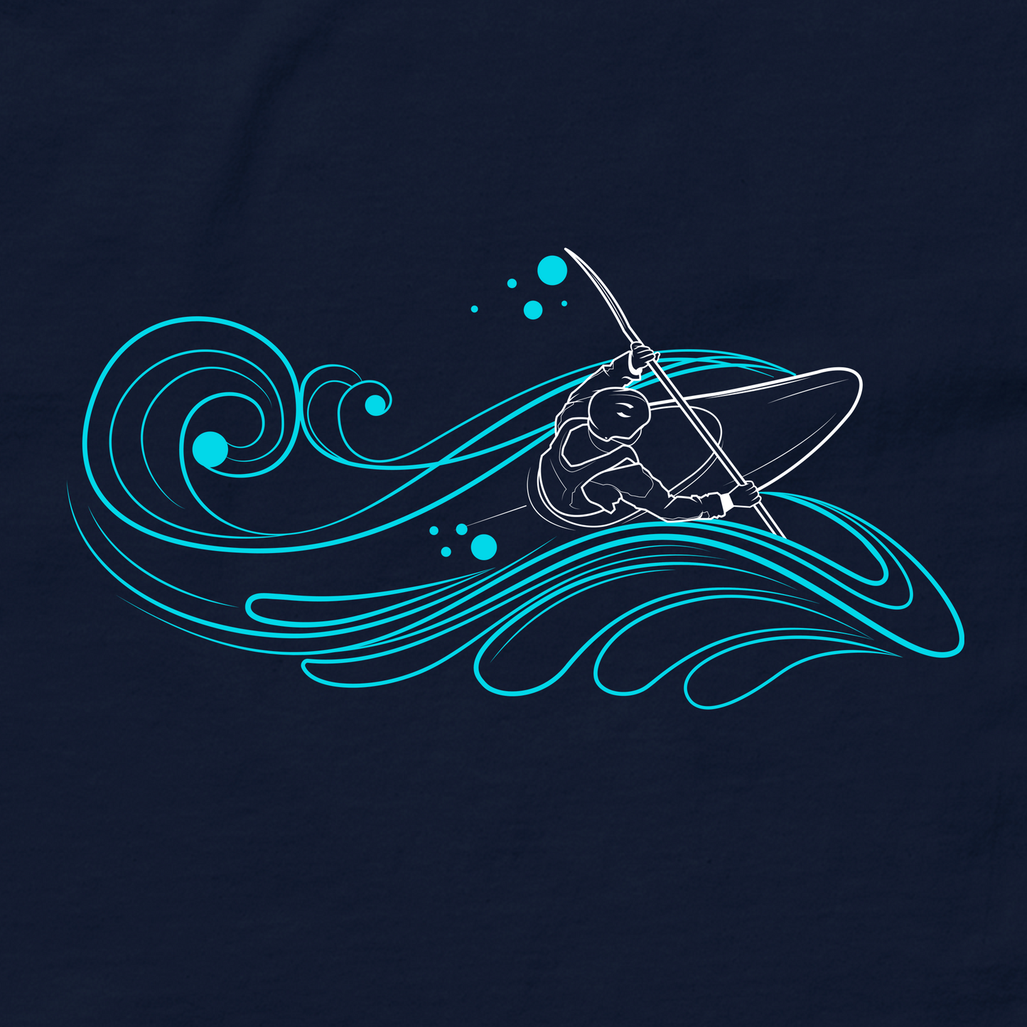 Blue wave backdrop with a kayaker in action, outlined in white, on a stylish navy t-shirt - premium graphic apparel for passionate white water enthusiasts by Spring Melt. Close up.