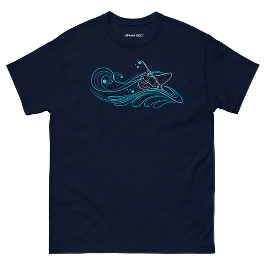 Blue wave backdrop with a kayaker in action, outlined in white, on a stylish navy t-shirt - premium graphic apparel for passionate white water enthusiasts by Spring Melt.