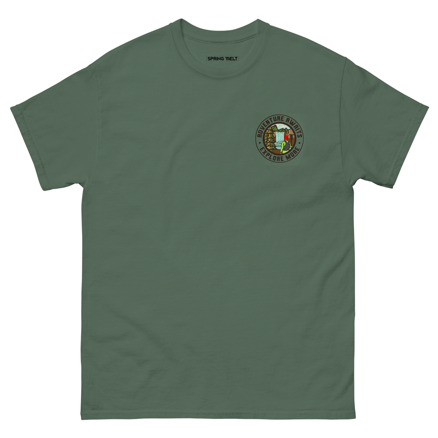 A military green t-shirt with a small round design on the chest of a kayaker looking at a waterfall he is about to run. There is text around the outside that says: adventure awaits, explore more.