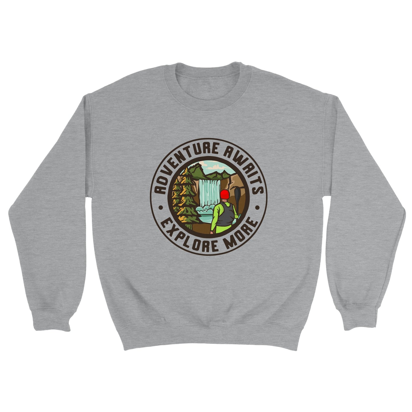 A grey crewneck sweatshirt with a round design in the centre of a kayaker looking at a waterfall he is about to run. There is text around the outside that says: adventure awaits, explore more.