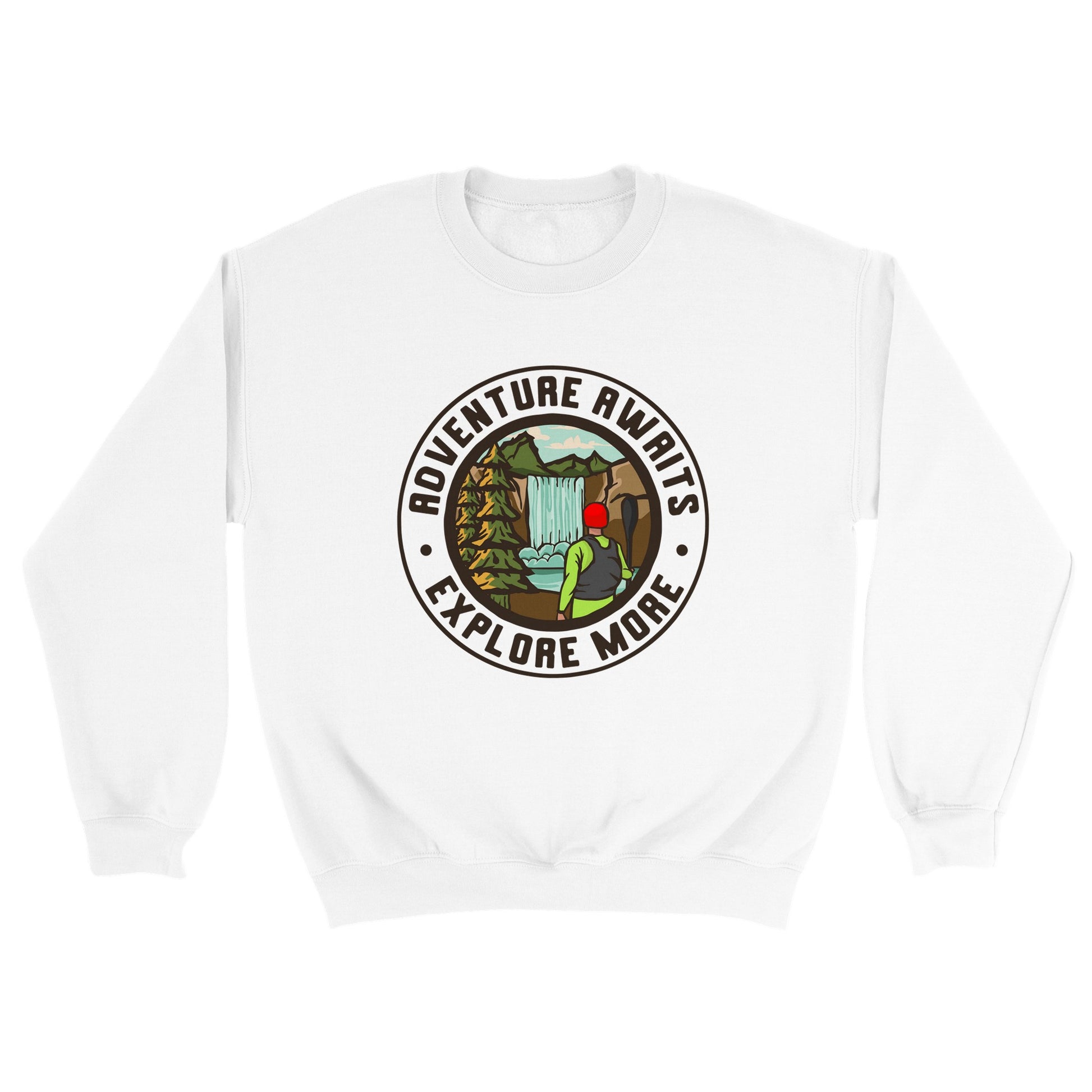 A white crewneck sweatshirt with a round design in the centre of a kayaker looking at a waterfall he is about to run. There is text around the outside that says: adventure awaits, explore more.