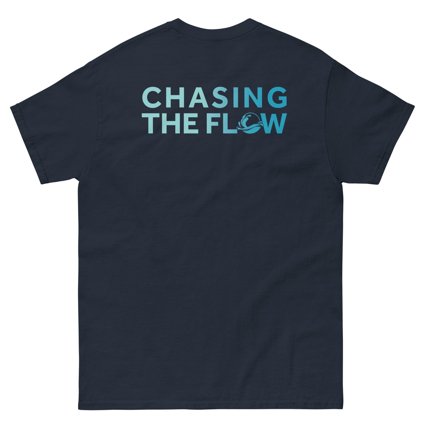 Chasing The Flow & Spring Melt collab Logo front and back T-Shirt - Navy/Aqua