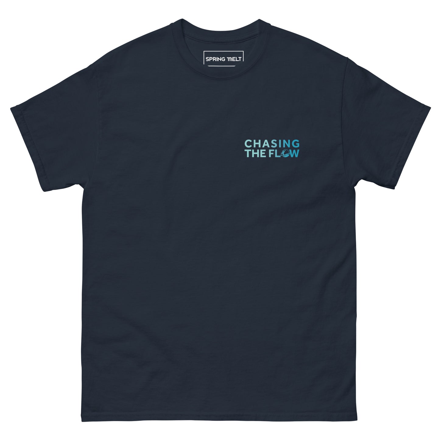 Chasing The Flow & Spring Melt collab Logo front and back T-Shirt - Navy/Aqua